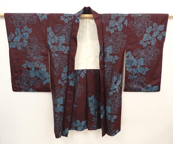 Photo5: 6612T01z580 Vintage Japanese Kimono Silk HAORI Peony Dark grape (5)