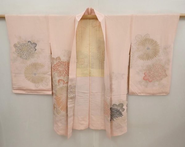 Photo7: 6612T03z680 Vintage Japanese Kimono Silk HAORI Chrysanthemum Pink (7)