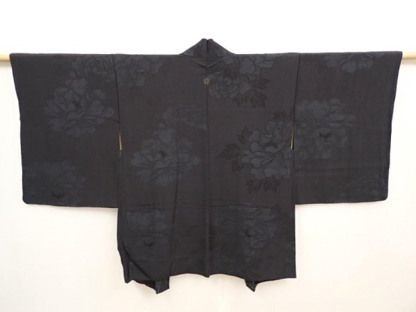 Photo1: 6612T04z460 Vintage Japanese Kimono Silk HAORI Peony Black (1)