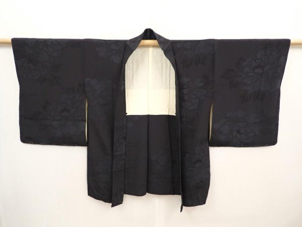 Photo6: 6612T04z460 Vintage Japanese Kimono Silk HAORI Peony Black (6)