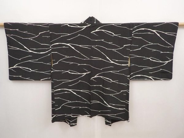 Photo1: 6612T06z550 Vintage Japanese Kimono Silk HAORI  Black Branch (1)