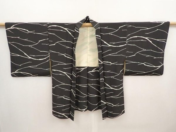 Photo5: 6612T06z550 Vintage Japanese Kimono Silk HAORI  Black Branch (5)