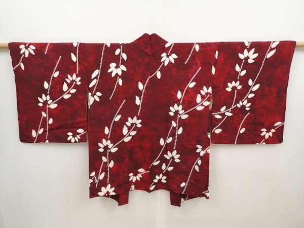 Photo1: 6612T08z500 Vintage Japanese Kimono Silk HAORI Leaf Dull red (1)