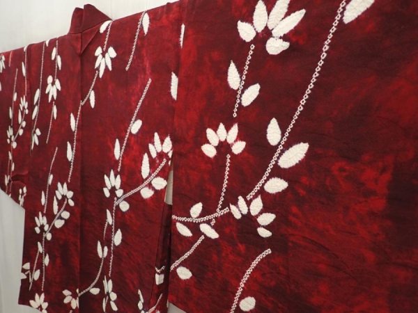 Photo2: 6612T08z500 Vintage Japanese Kimono Silk HAORI Leaf Dull red (2)