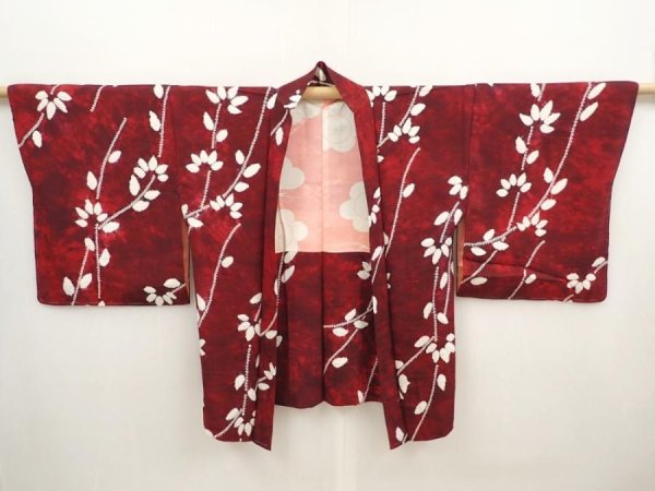 Photo5: 6612T08z500 Vintage Japanese Kimono Silk HAORI Leaf Dull red (5)