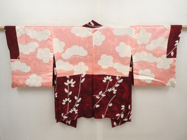Photo6: 6612T08z500 Vintage Japanese Kimono Silk HAORI Leaf Dull red (6)