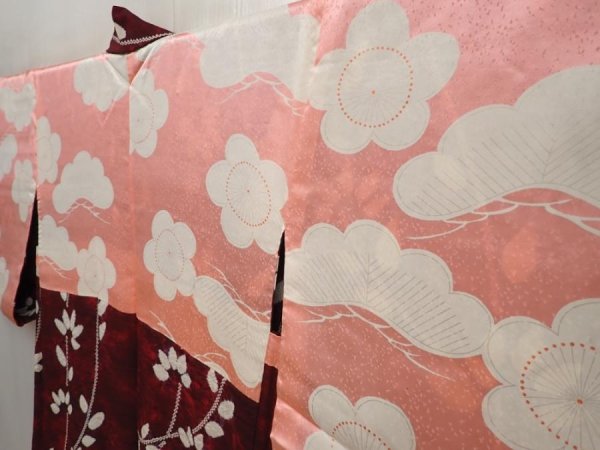 Photo7: 6612T08z500 Vintage Japanese Kimono Silk HAORI Leaf Dull red (7)