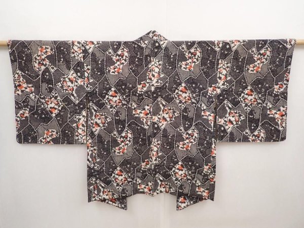 Photo1: 6612T09z440 Vintage Japanese Kimono Silk HAORI  Black (1)