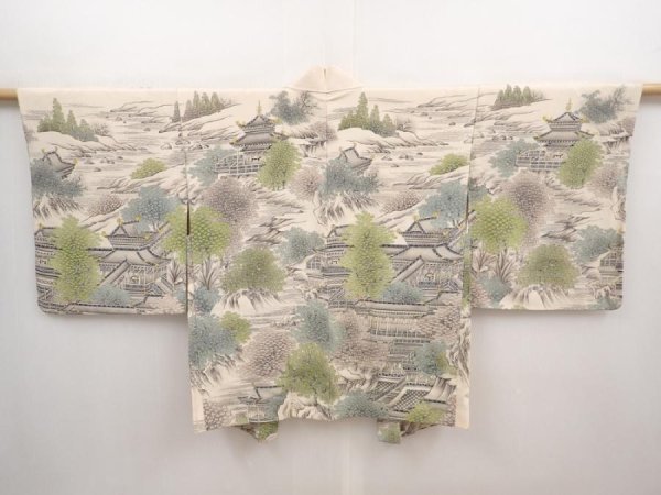 Photo1: 6612T10z540 Vintage Japanese Kimono Silk HAORI Castle Off-white (1)