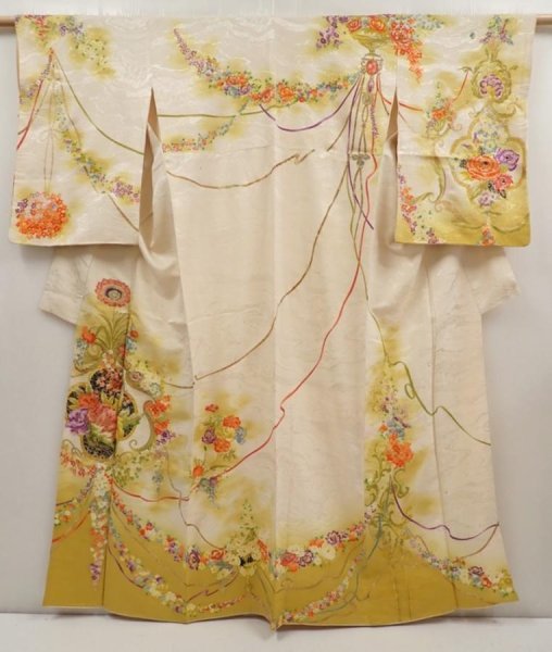 Photo1: 6612T11z840 Vintage Japanese Kimono Silk TSUKESAGE Flowers Off-white (1)
