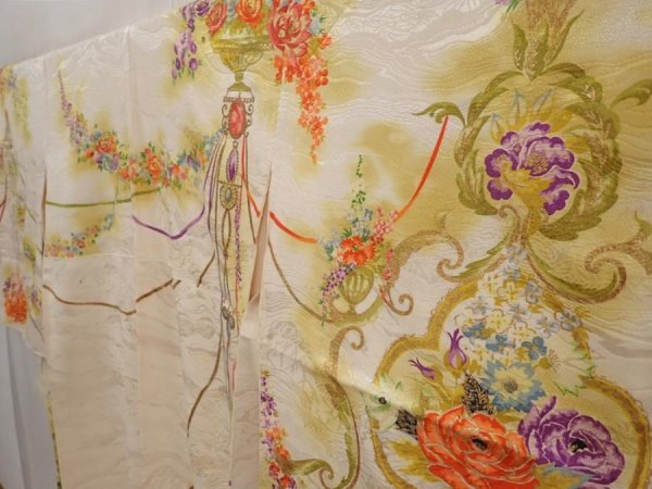 Photo2: 6612T11z840 Vintage Japanese Kimono Silk TSUKESAGE Flowers Off-white (2)