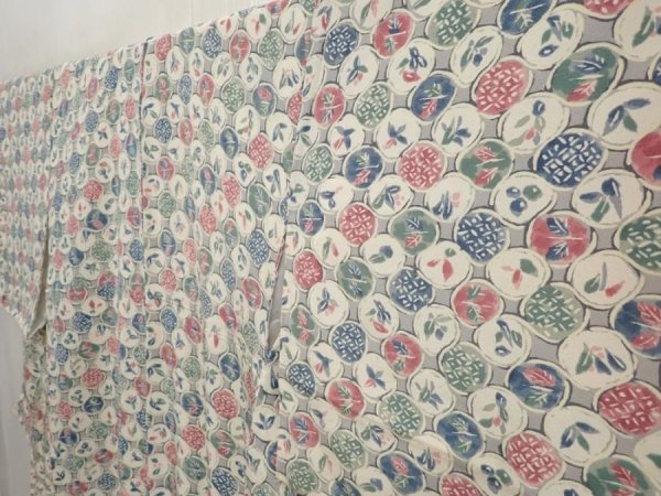 Photo2: 6612T12z820 Vintage Japanese Kimono Silk KOMON Leaves Off-white (2)