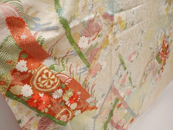 Photo3: 6615T09z980 Vintage Japanese Kimono Silk FURISODE Flowers Off-white (3)