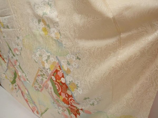 Photo4: 6615T09z980 Vintage Japanese Kimono Silk FURISODE Flowers Off-white (4)