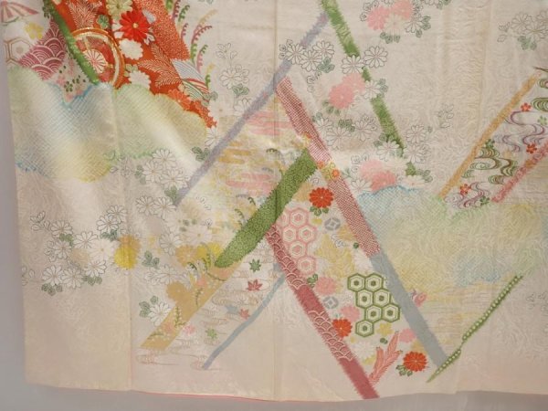 Photo6: 6615T09z980 Vintage Japanese Kimono Silk FURISODE Flowers Off-white (6)