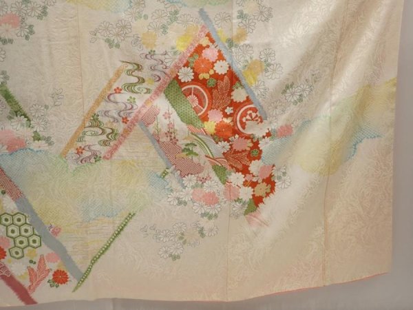 Photo7: 6615T09z980 Vintage Japanese Kimono Silk FURISODE Flowers Off-white (7)