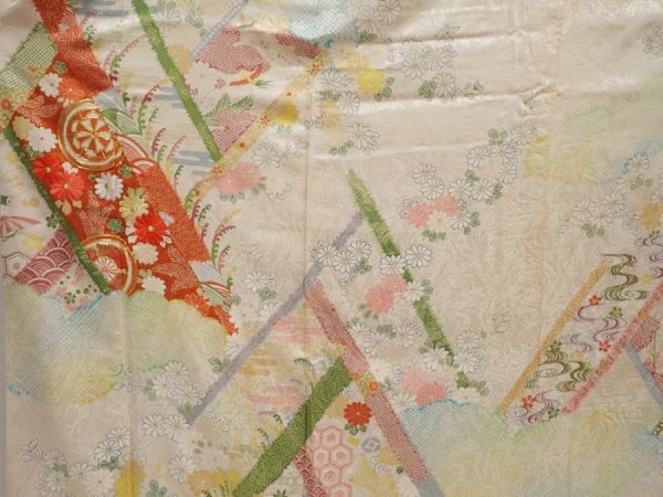 Photo8: 6615T09z980 Vintage Japanese Kimono Silk FURISODE Flowers Off-white (8)