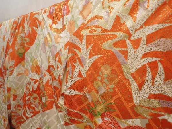 Photo2: 6615T10z1270 Vintage Japanese Kimono Silk FURISODE Shell box Dark orange (2)