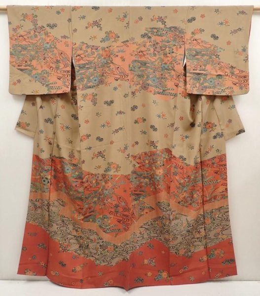 Photo1: 6615T11z940  Japanese Kimono Silk TSUKESAGE Flowers Brown-Gray (1)