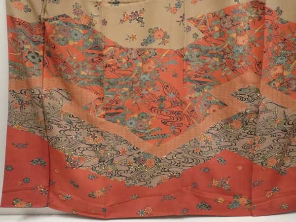 Photo5: 6615T11z940  Japanese Kimono Silk TSUKESAGE Flowers Brown-Gray (5)