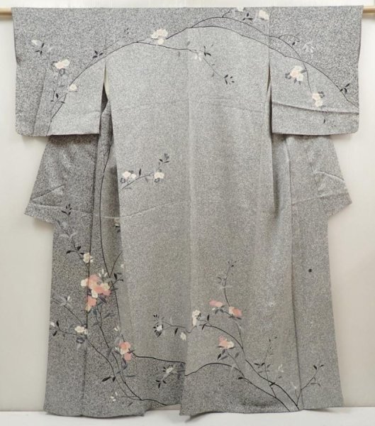 Photo1: 6615T01z990  Japanese Kimono Silk Artist work TSUKESAGE Flower Gray (1)