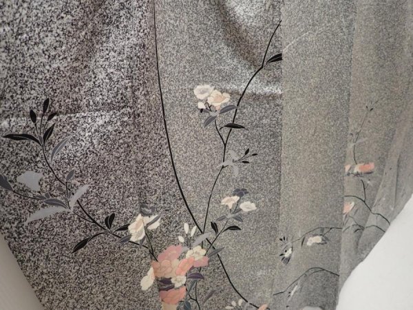 Photo2: 6615T01z990  Japanese Kimono Silk Artist work TSUKESAGE Flower Gray (2)