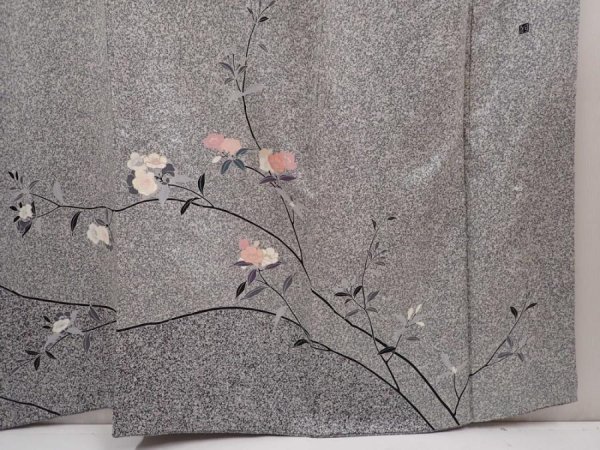 Photo5: 6615T01z990  Japanese Kimono Silk Artist work TSUKESAGE Flower Gray (5)
