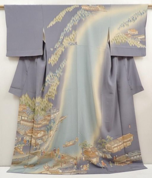 Photo1: 6615T02z1050  Japanese Kimono Silk TSUKESAGE Edo era Ash purple (1)