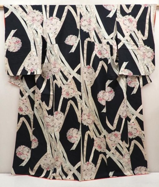 Photo1: 6615T03z1000 Vintage Japanese Kimono Silk KOMON Flowers Black (1)