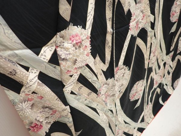 Photo3: 6615T03z1000 Vintage Japanese Kimono Silk KOMON Flowers Black (3)