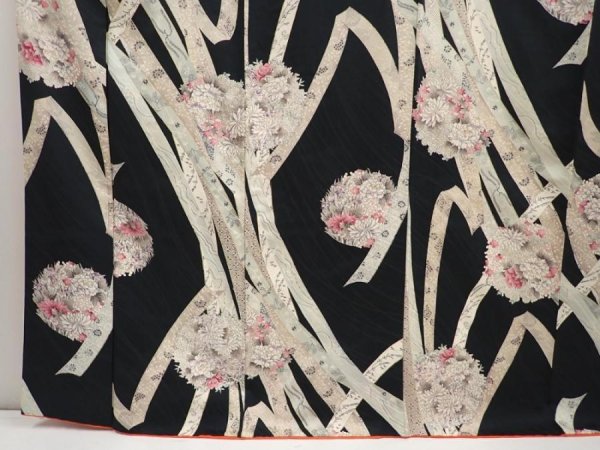 Photo4: 6615T03z1000 Vintage Japanese Kimono Silk KOMON Flowers Black (4)