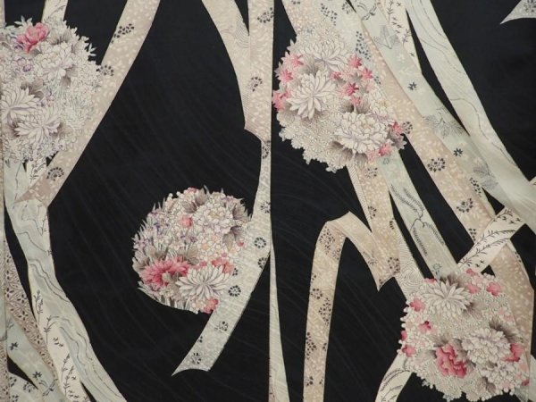 Photo5: 6615T03z1000 Vintage Japanese Kimono Silk KOMON Flowers Black (5)
