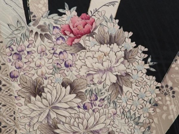 Photo6: 6615T03z1000 Vintage Japanese Kimono Silk KOMON Flowers Black (6)