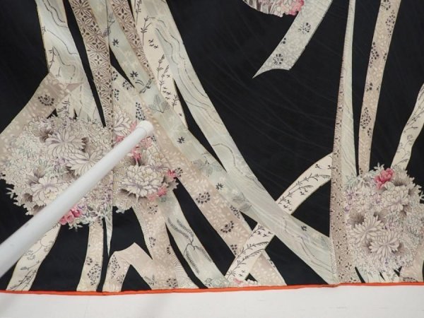 Photo7: 6615T03z1000 Vintage Japanese Kimono Silk KOMON Flowers Black (7)