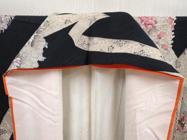 Photo8: 6615T03z1000 Vintage Japanese Kimono Silk KOMON Flowers Black (8)