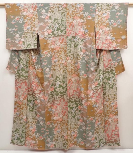 Photo1: 6615T04z900  Japanese Kimono Silk KOMON Flower Ochre (1)