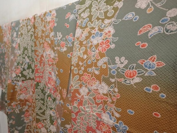 Photo2: 6615T04z900  Japanese Kimono Silk KOMON Flower Ochre (2)