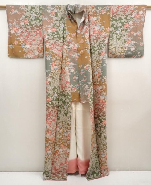 Photo8: 6615T04z900  Japanese Kimono Silk KOMON Flower Ochre (8)