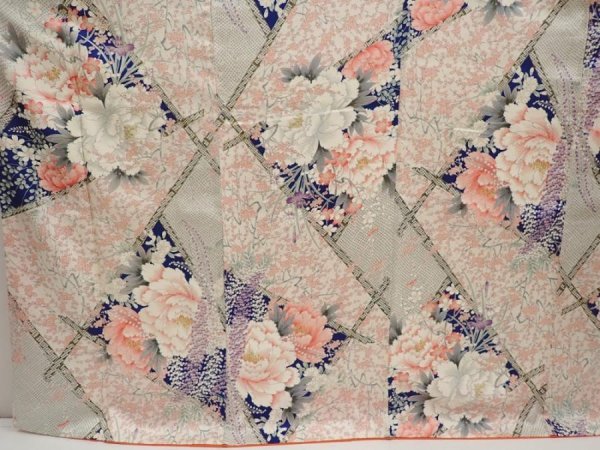 Photo5: 6615T05z1020 Vintage Japanese Kimono Silk FURISODE Peony Off-white (5)