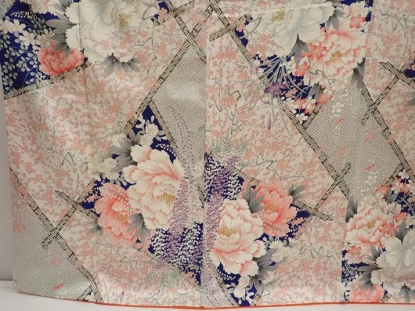 Photo6: 6615T05z1020 Vintage Japanese Kimono Silk FURISODE Peony Off-white (6)