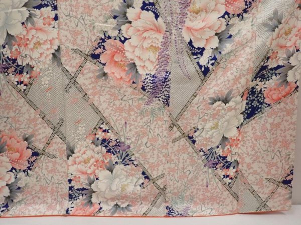 Photo7: 6615T05z1020 Vintage Japanese Kimono Silk FURISODE Peony Off-white (7)
