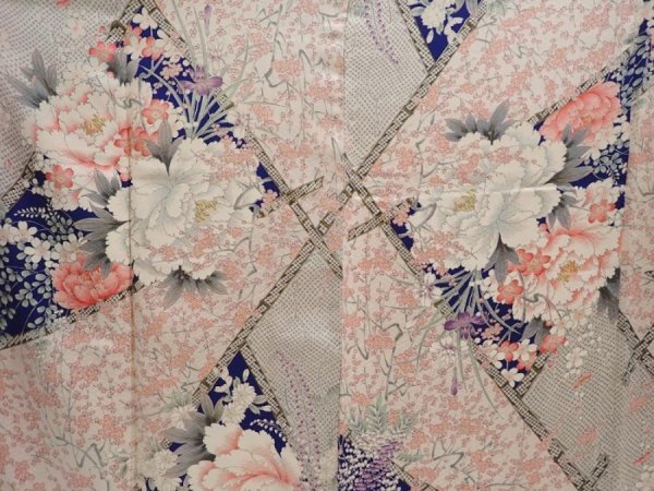 Photo8: 6615T05z1020 Vintage Japanese Kimono Silk FURISODE Peony Off-white (8)