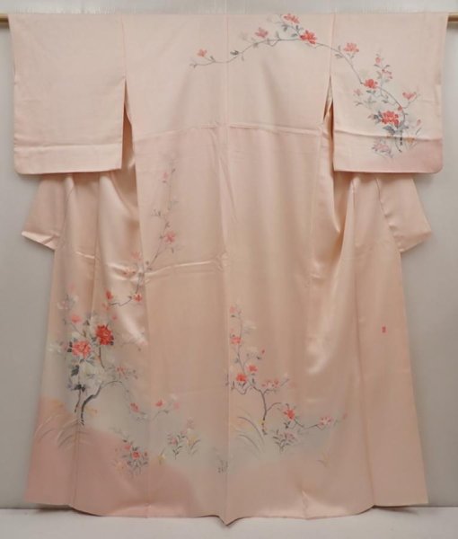 Photo1: 6615T06z960  Japanese Kimono Silk Artist work TSUKESAGE Flowers Light pink (1)