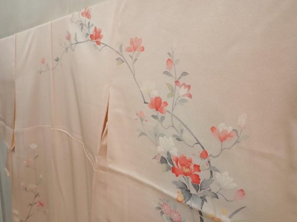 Photo2: 6615T06z960  Japanese Kimono Silk Artist work TSUKESAGE Flowers Light pink (2)