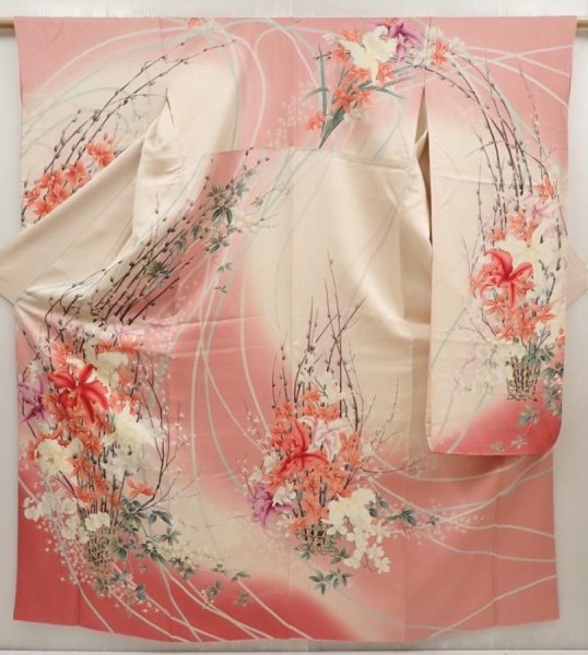Photo1: 6615T07z1150 Vintage Japanese Kimono Silk FURISODE Lily Red-Pink (1)