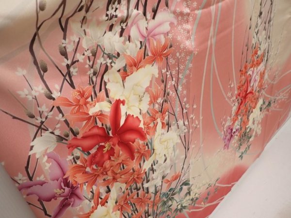 Photo3: 6615T07z1150 Vintage Japanese Kimono Silk FURISODE Lily Red-Pink (3)