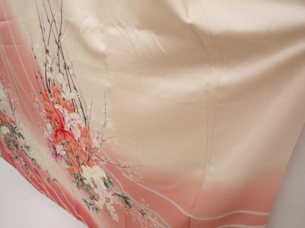 Photo4: 6615T07z1150 Vintage Japanese Kimono Silk FURISODE Lily Red-Pink (4)