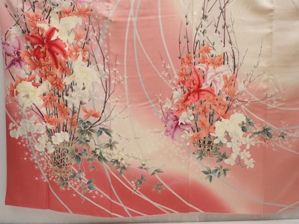 Photo5: 6615T07z1150 Vintage Japanese Kimono Silk FURISODE Lily Red-Pink (5)