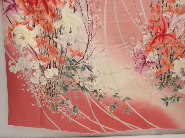 Photo6: 6615T07z1150 Vintage Japanese Kimono Silk FURISODE Lily Red-Pink (6)