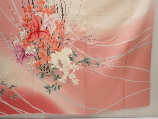 Photo7: 6615T07z1150 Vintage Japanese Kimono Silk FURISODE Lily Red-Pink (7)